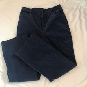 High rise, flared blue velvet pants